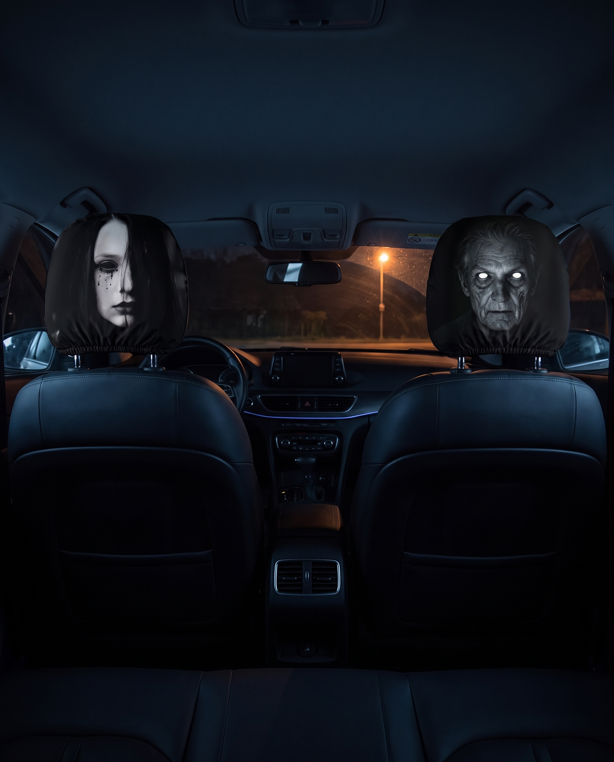 Pasażerowie w aucie nocą