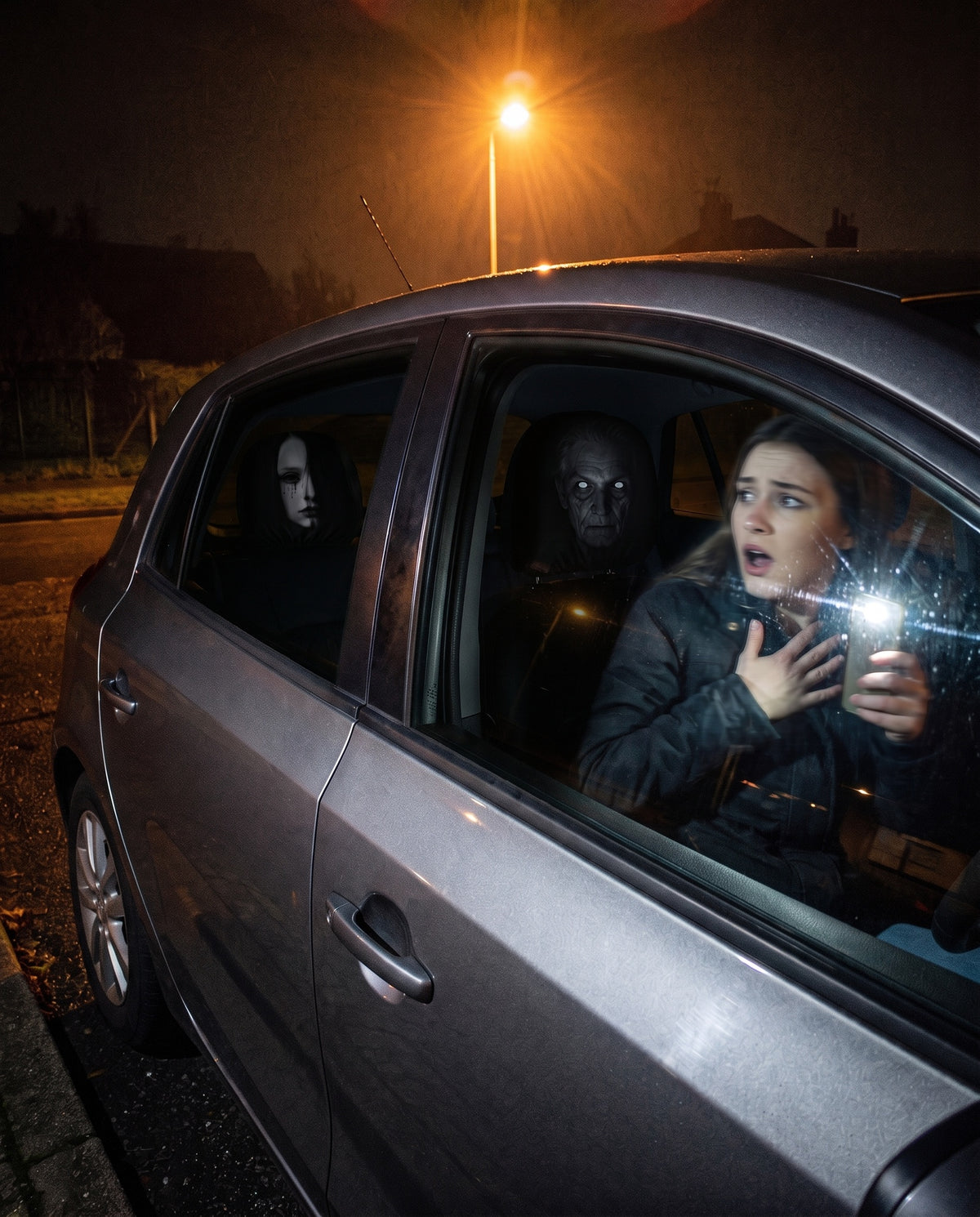 Cichy Pasażer – przestraszona kobieta przy aucie nocą